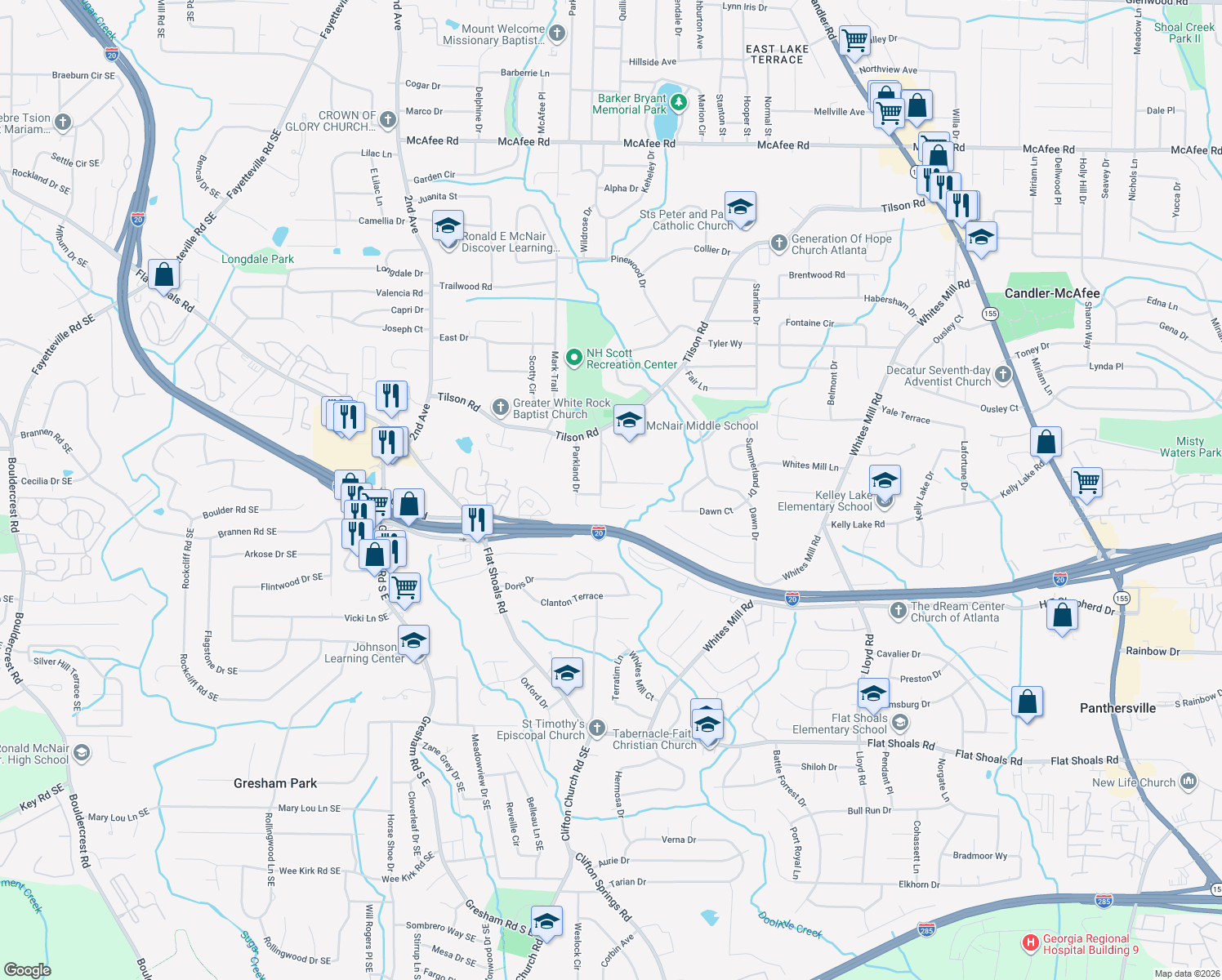 map of restaurants, bars, coffee shops, grocery stores, and more near 2243 Haverford Drive in Decatur