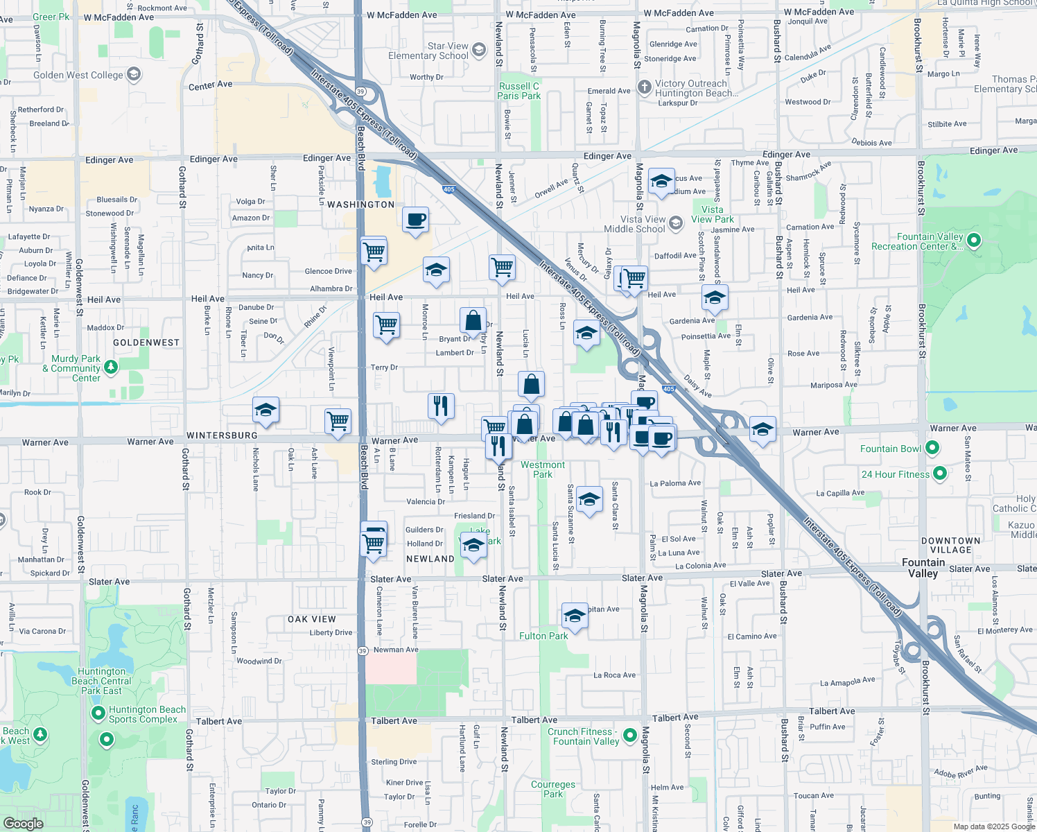map of restaurants, bars, coffee shops, grocery stores, and more near 8552 Merle Circle in Huntington Beach