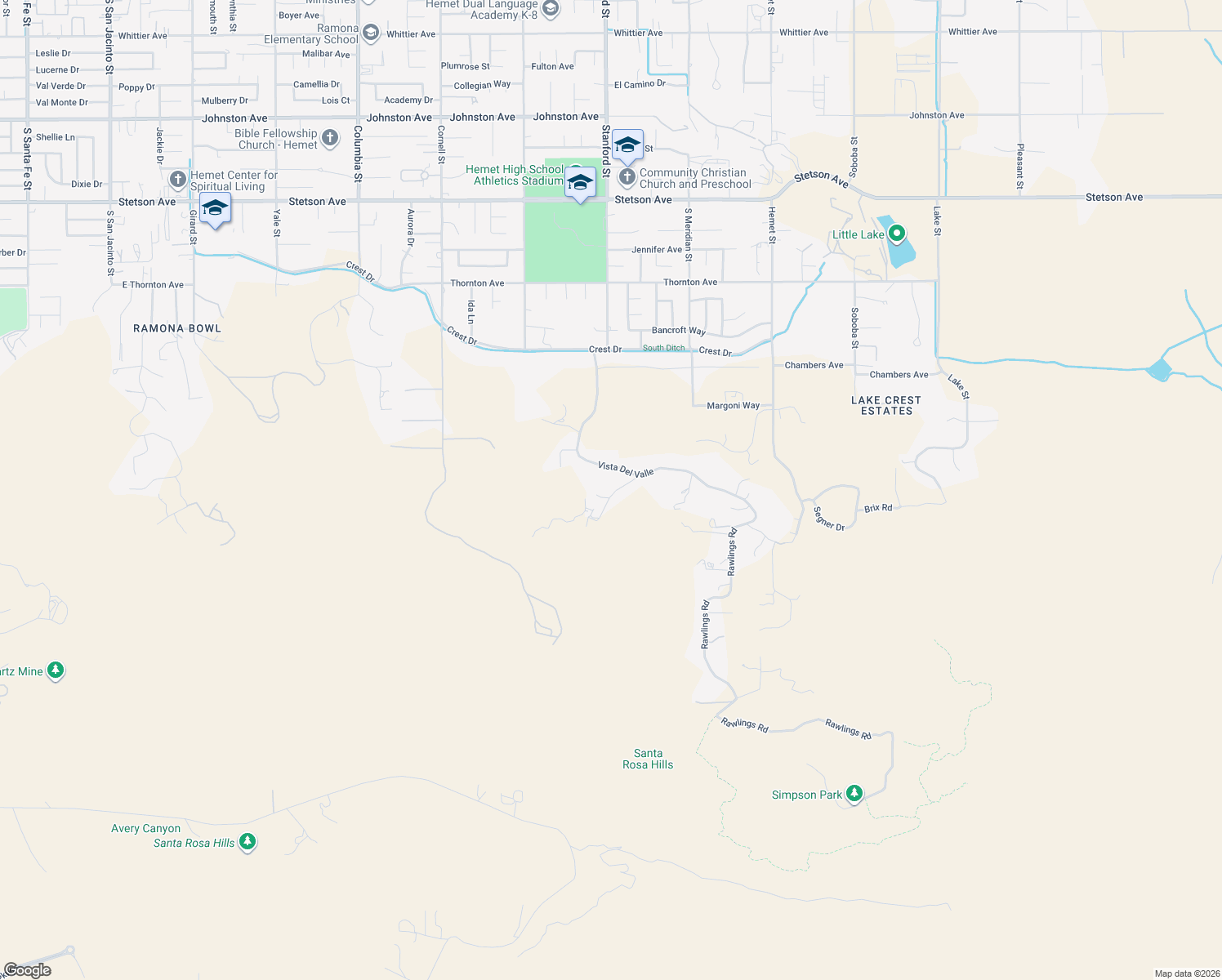 map of restaurants, bars, coffee shops, grocery stores, and more near 41790 Vermont Street in Hemet