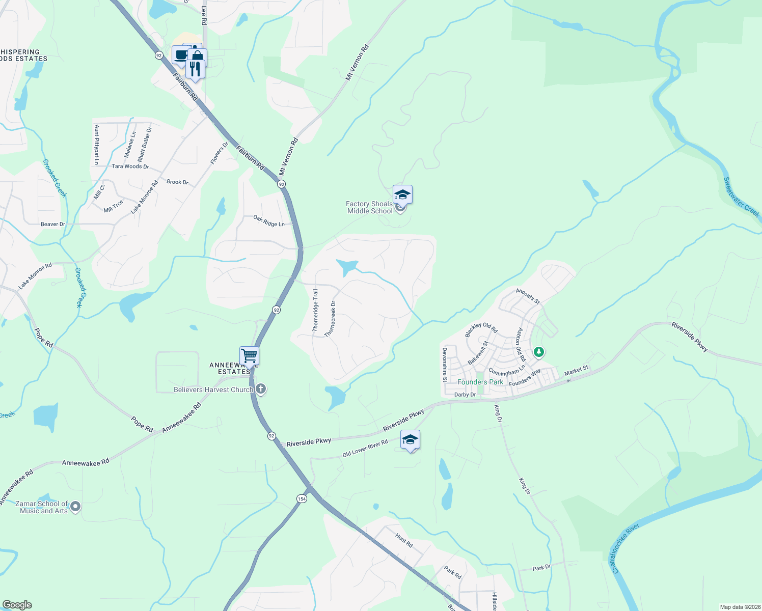 map of restaurants, bars, coffee shops, grocery stores, and more near 2025 Washington Dr in Douglasville