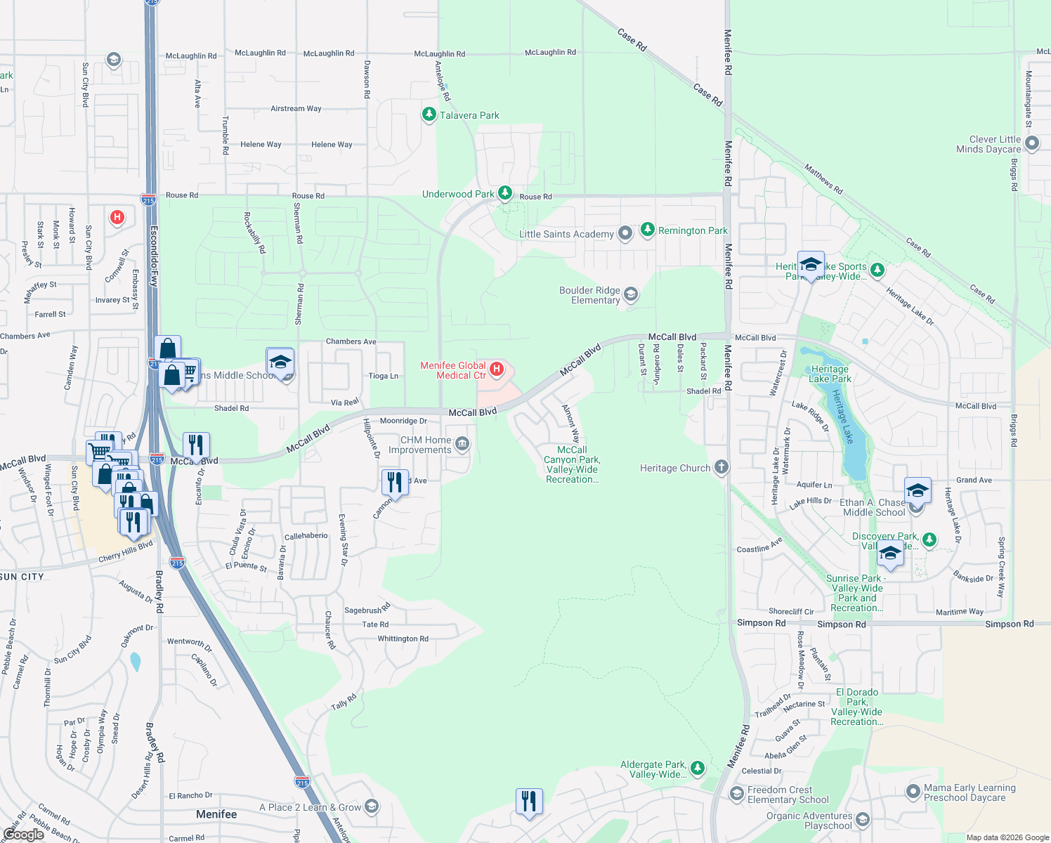map of restaurants, bars, coffee shops, grocery stores, and more near 27771 Overland Way in Menifee