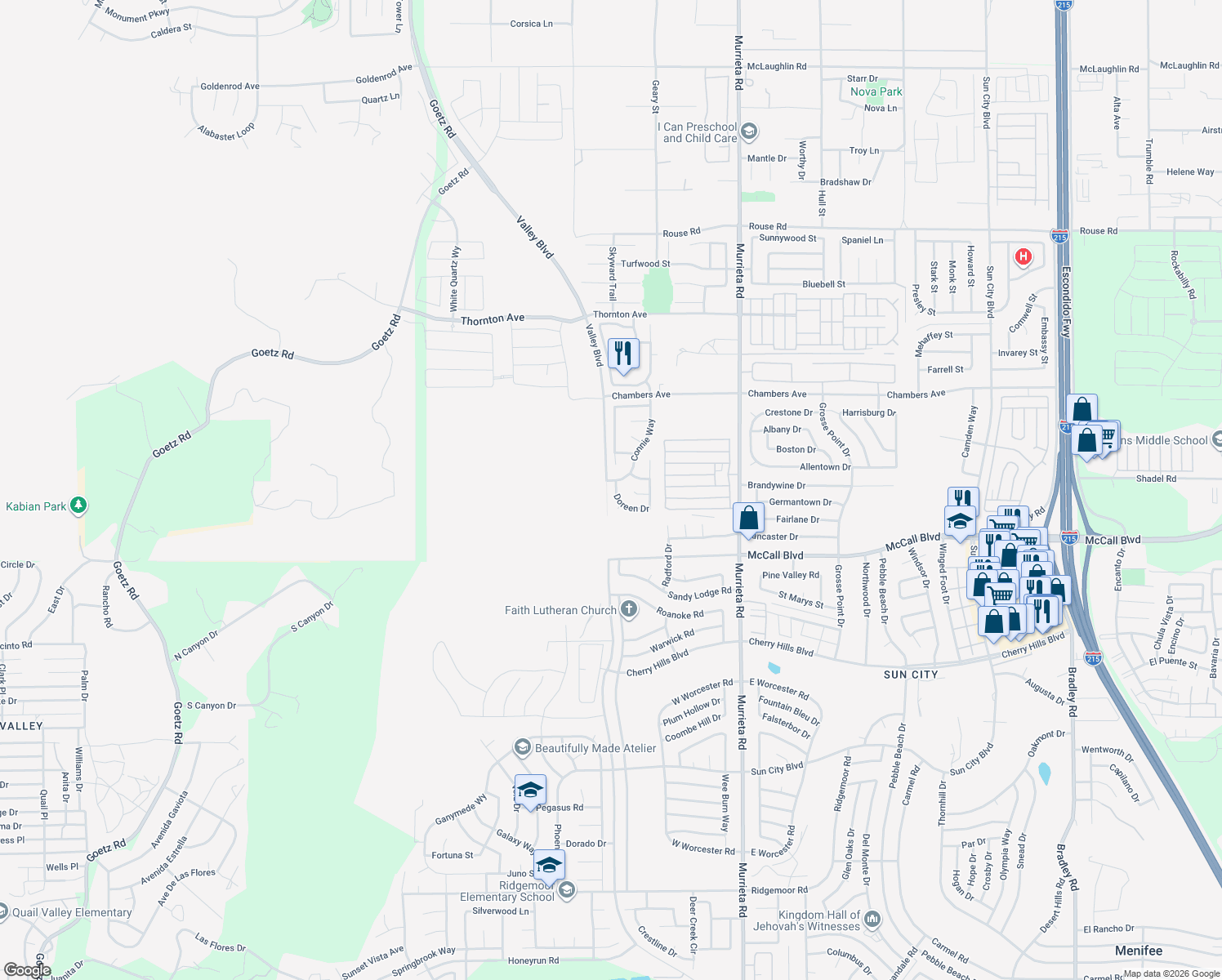 map of restaurants, bars, coffee shops, grocery stores, and more near 27976 Doreen Drive in Menifee