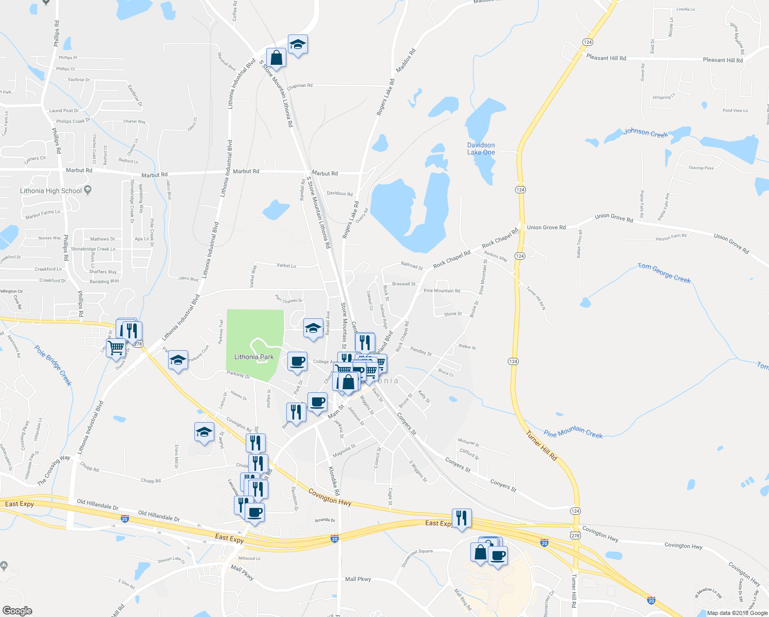 map of restaurants, bars, coffee shops, grocery stores, and more near 2520 Oakleaf Ridge in Lithonia