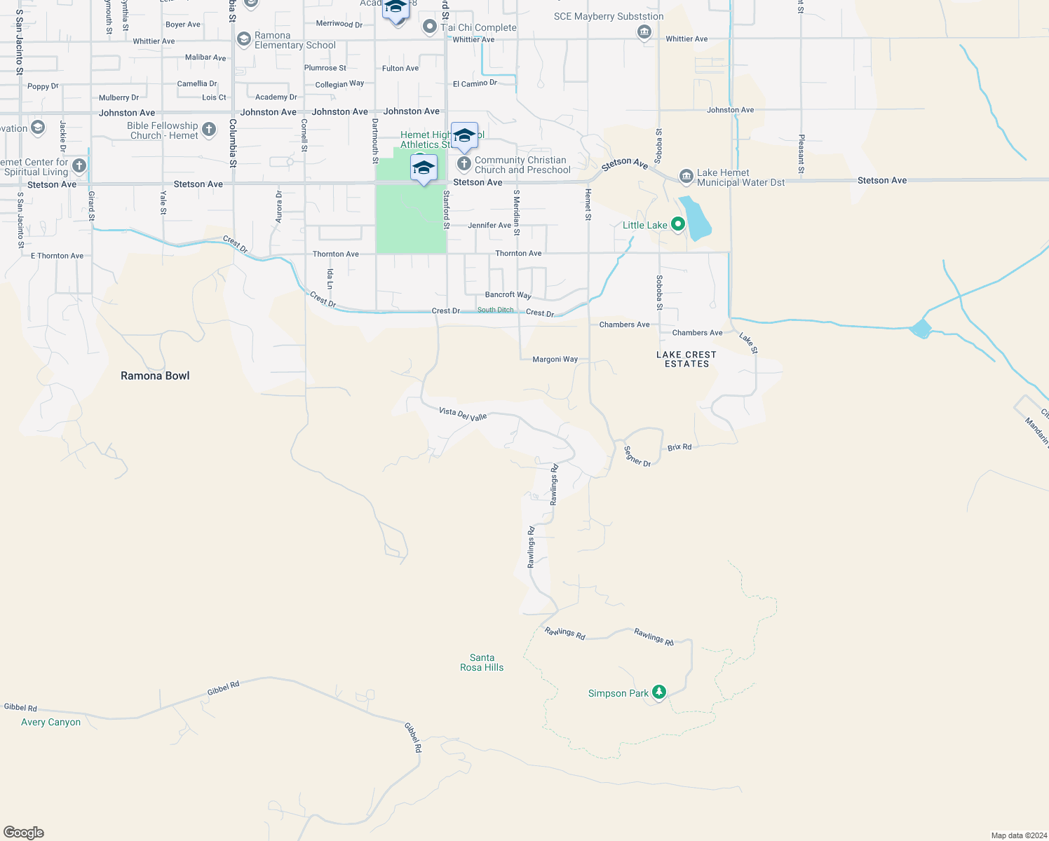 map of restaurants, bars, coffee shops, grocery stores, and more near Vista Del Valle in Hemet