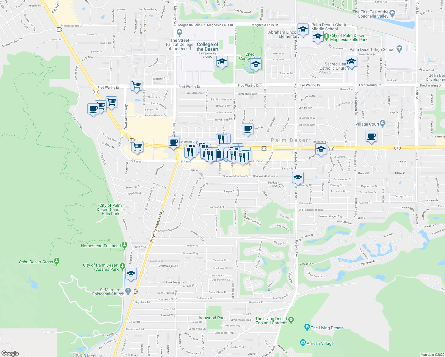 map of restaurants, bars, coffee shops, grocery stores, and more near 73338-73348 Joshua Tree Street in Palm Desert
