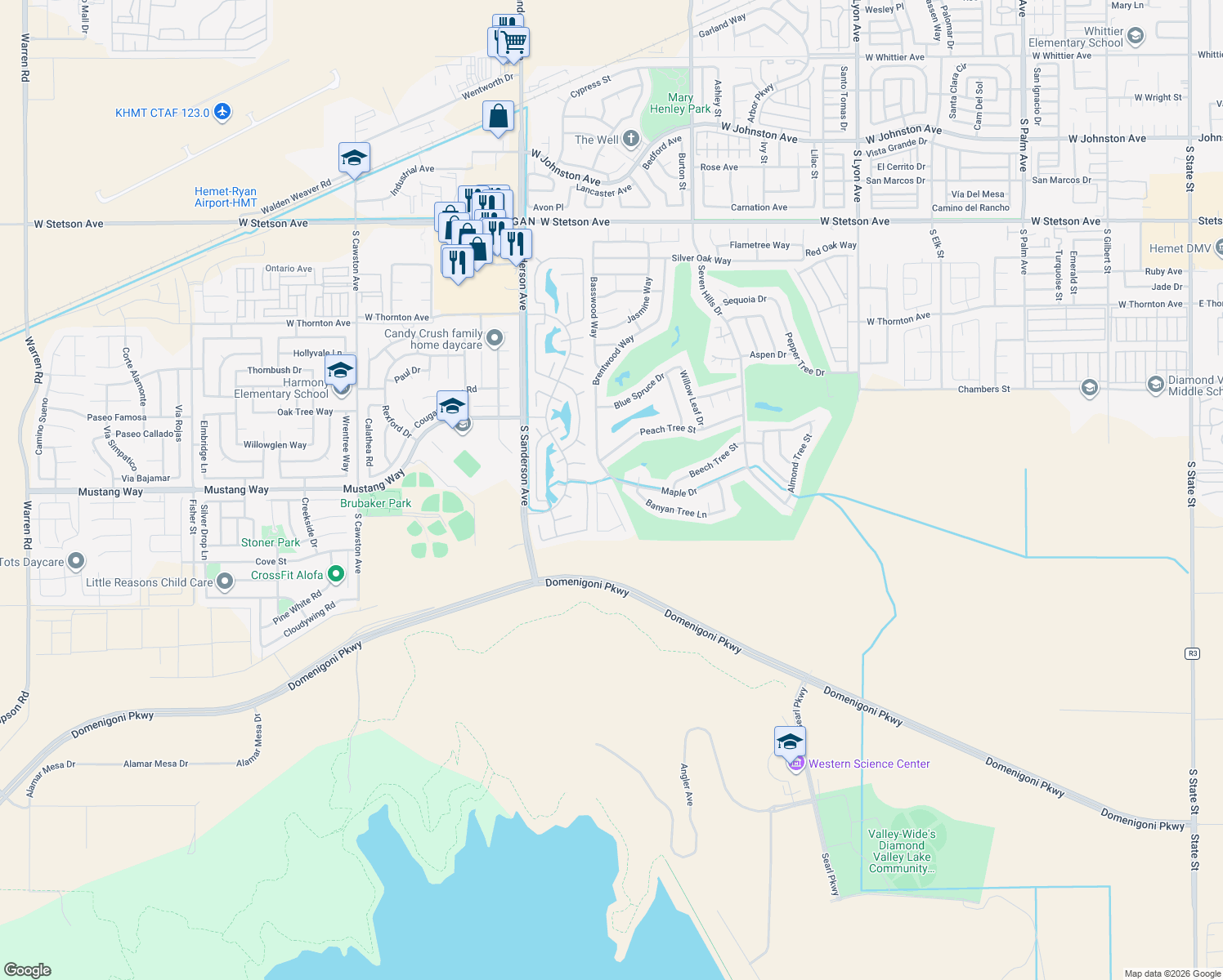 map of restaurants, bars, coffee shops, grocery stores, and more near 1838 Tamarack Lane in Hemet