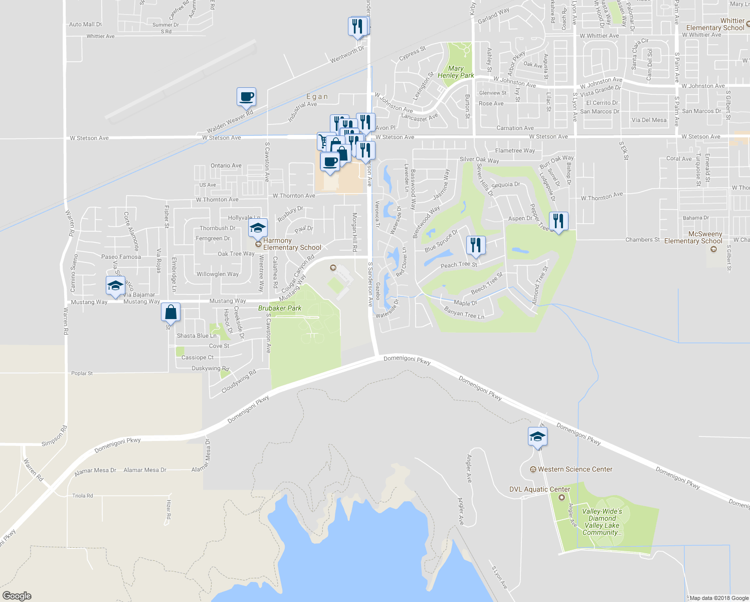 map of restaurants, bars, coffee shops, grocery stores, and more near 1725 Gazebo Lane in Hemet