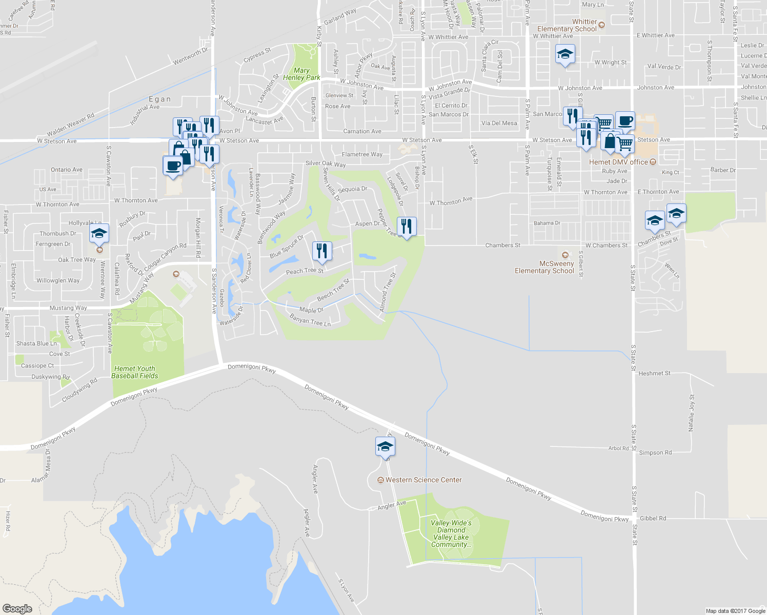map of restaurants, bars, coffee shops, grocery stores, and more near 1946 Seven Hills Drive in Hemet