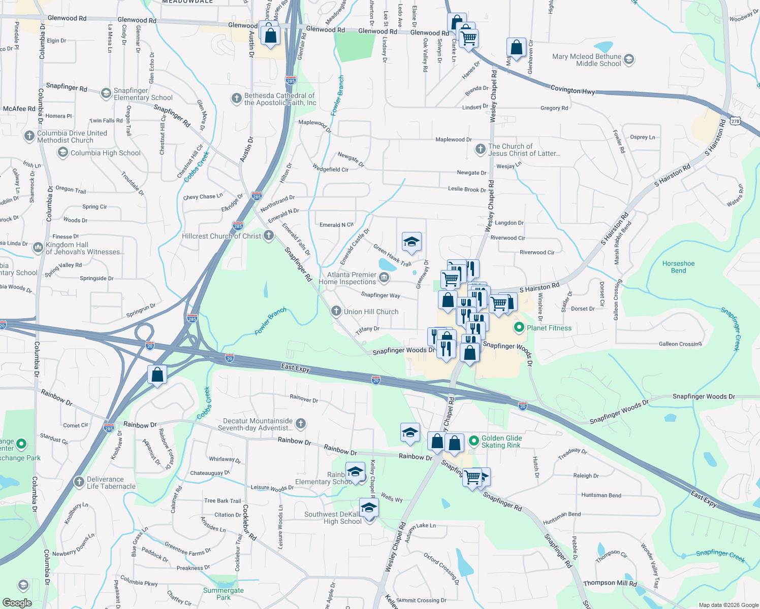 map of restaurants, bars, coffee shops, grocery stores, and more near 2376 Tiffany Circle in Decatur