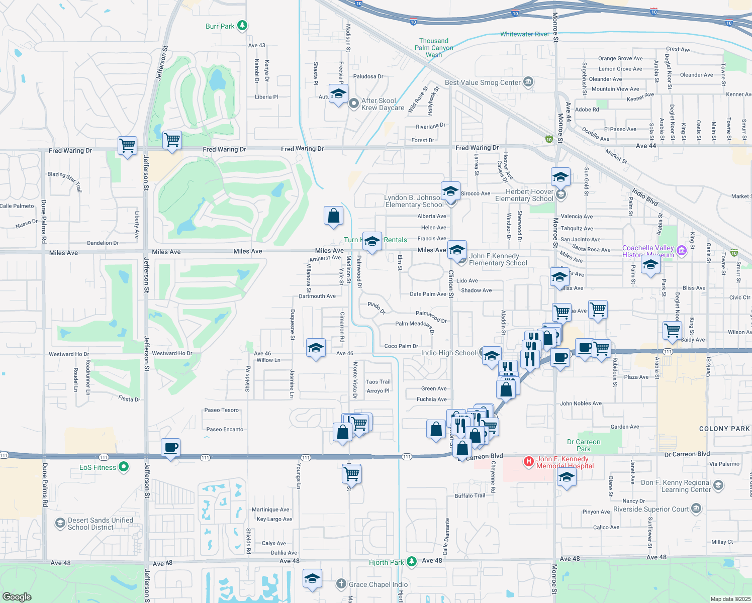 map of restaurants, bars, coffee shops, grocery stores, and more near 81118 Pindo Dr in Indio
