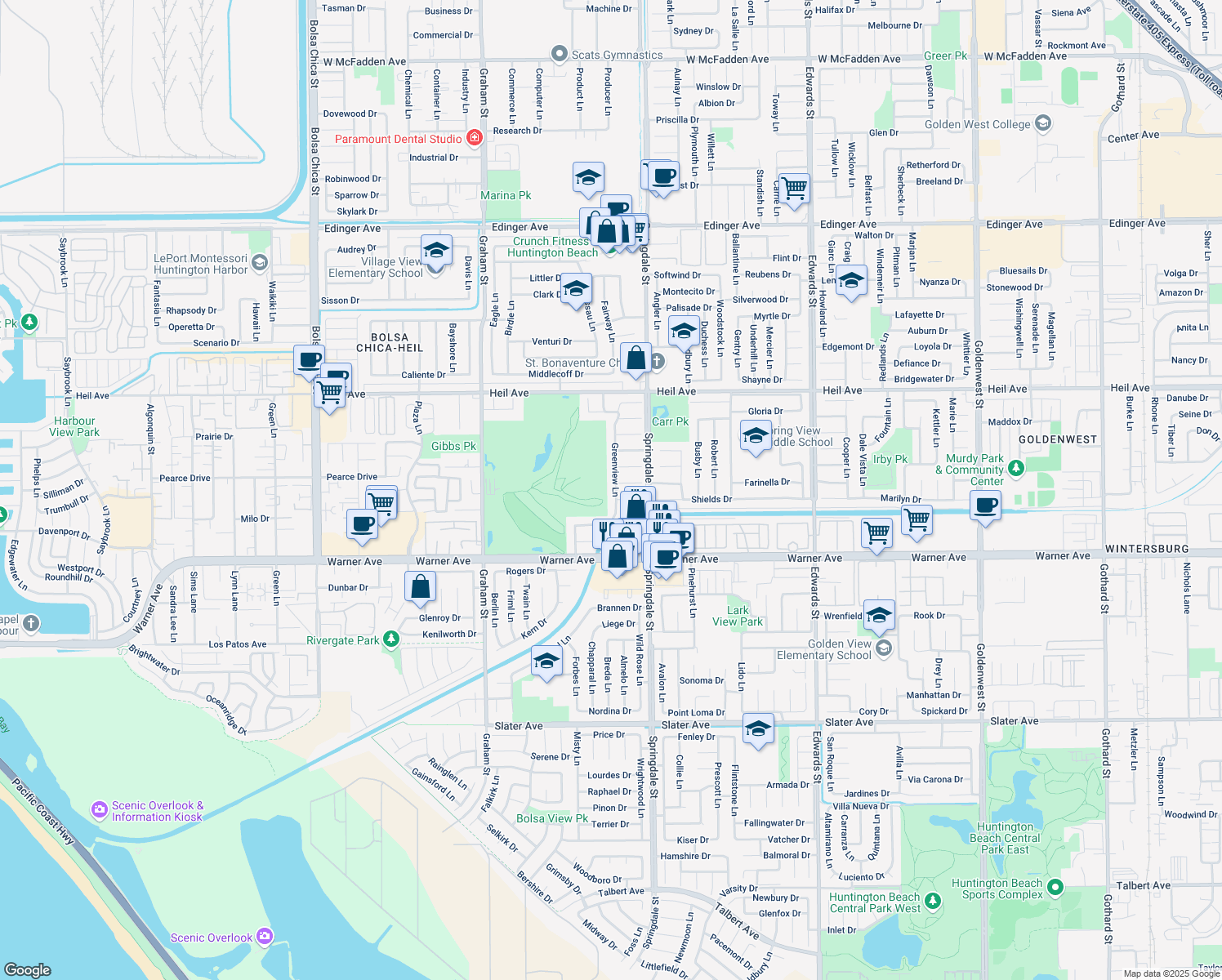 map of restaurants, bars, coffee shops, grocery stores, and more near 16771 Greenview Lane in Huntington Beach