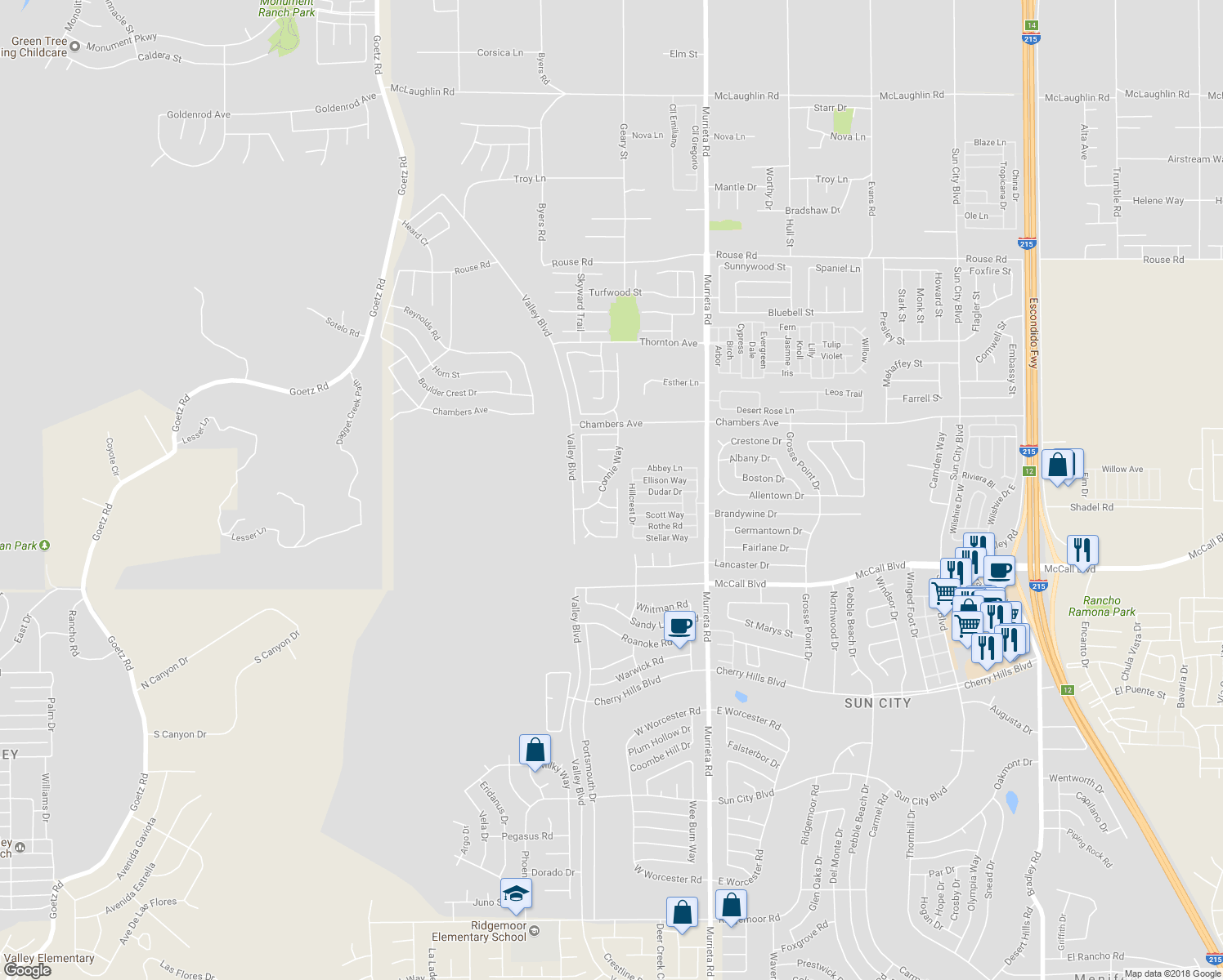 map of restaurants, bars, coffee shops, grocery stores, and more near 27709 Doreen Drive in Menifee