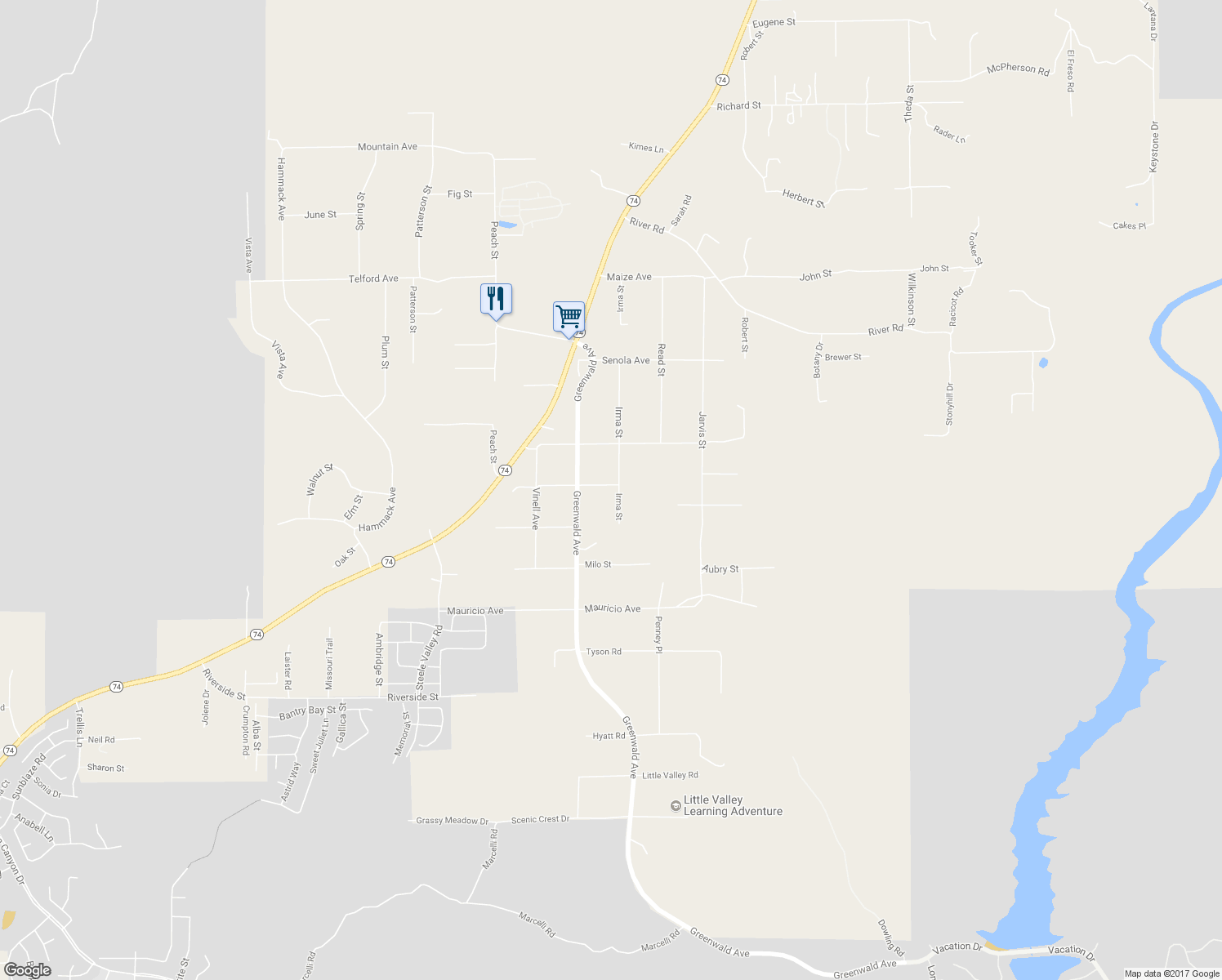 map of restaurants, bars, coffee shops, grocery stores, and more near 21085 Suzan Street in Perris