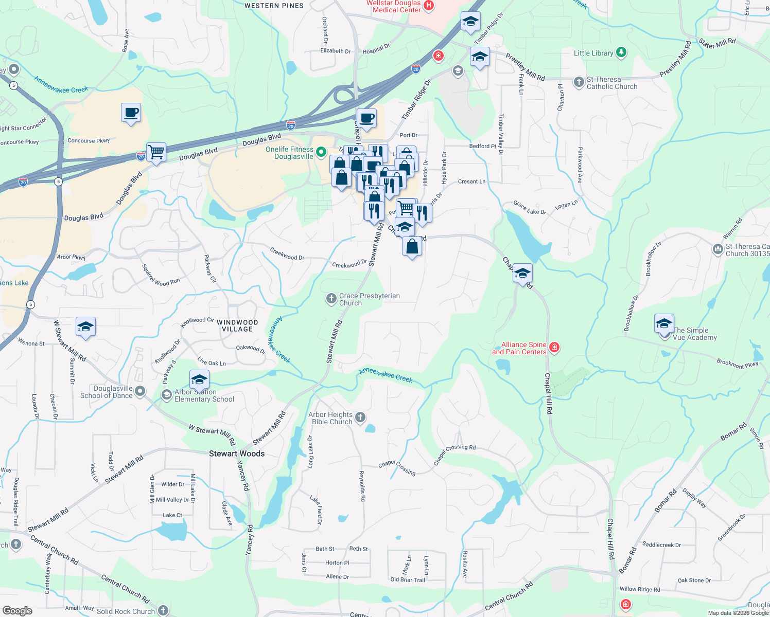 map of restaurants, bars, coffee shops, grocery stores, and more near 4893 Jennifer Lane in Douglasville
