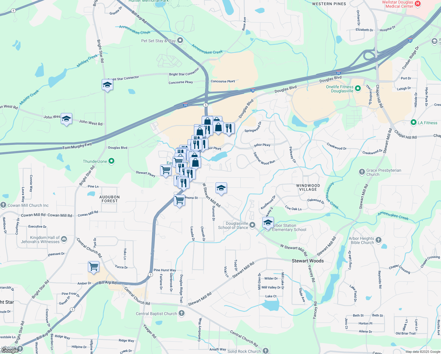 map of restaurants, bars, coffee shops, grocery stores, and more near 5663 Woodland Drive in Douglasville