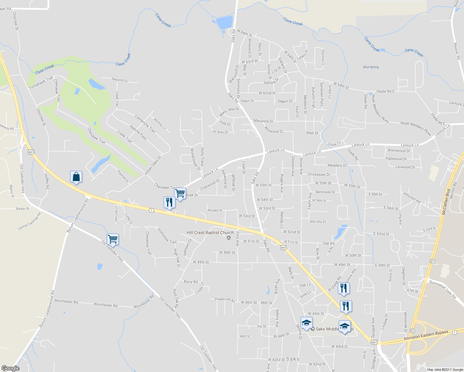 map of restaurants, bars, coffee shops, grocery stores, and more near 5514 Wildoak Drive in Anniston