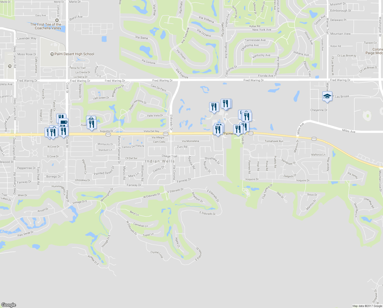 map of restaurants, bars, coffee shops, grocery stores, and more near 45500 Apache Road in Indian Wells