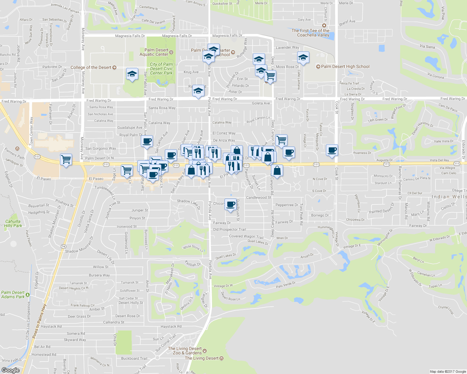 map of restaurants, bars, coffee shops, grocery stores, and more near 45499 Garden Square in Palm Desert