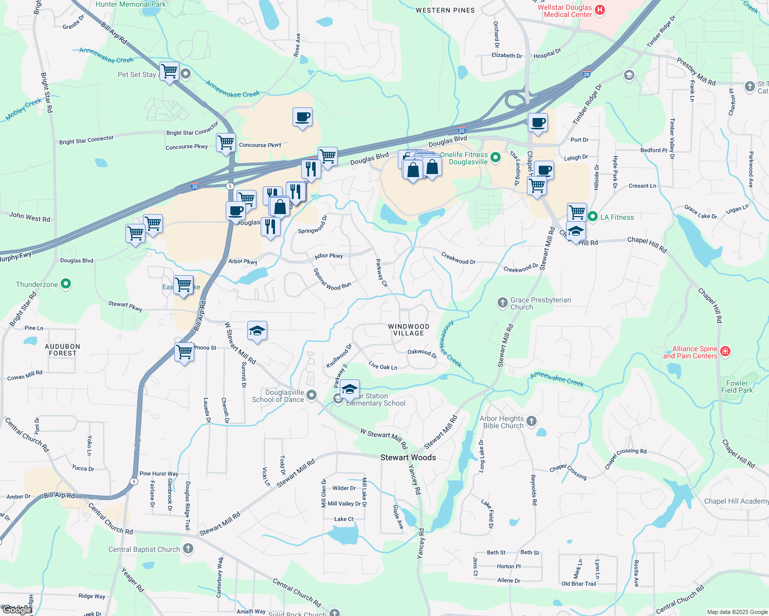 map of restaurants, bars, coffee shops, grocery stores, and more near 9760 Greenside Way in Douglasville