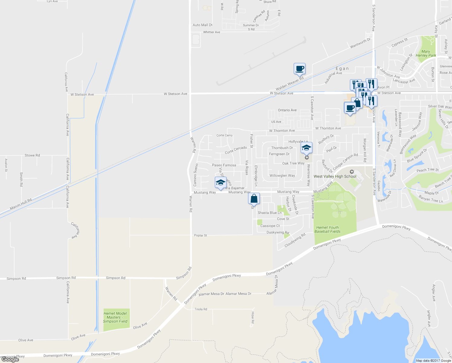 map of restaurants, bars, coffee shops, grocery stores, and more near 1669 Via Simpatico in Hemet