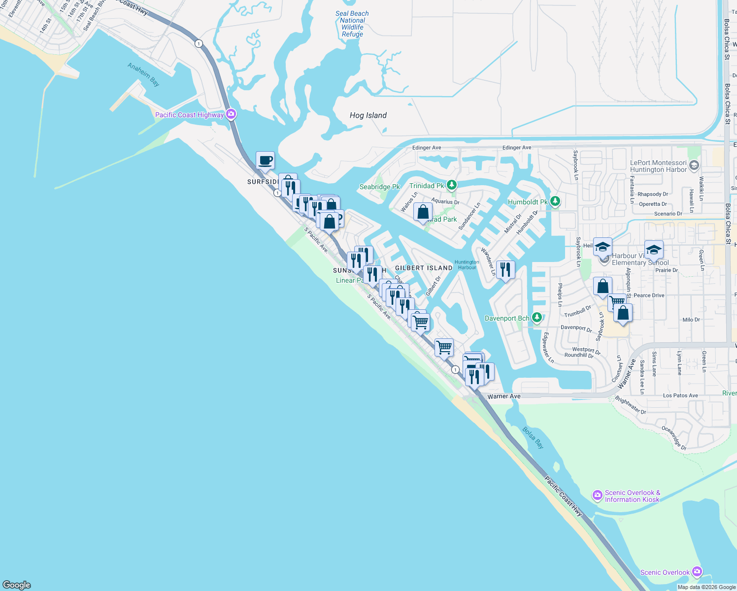 map of restaurants, bars, coffee shops, grocery stores, and more near 16723 South Pacific Avenue in Huntington Beach