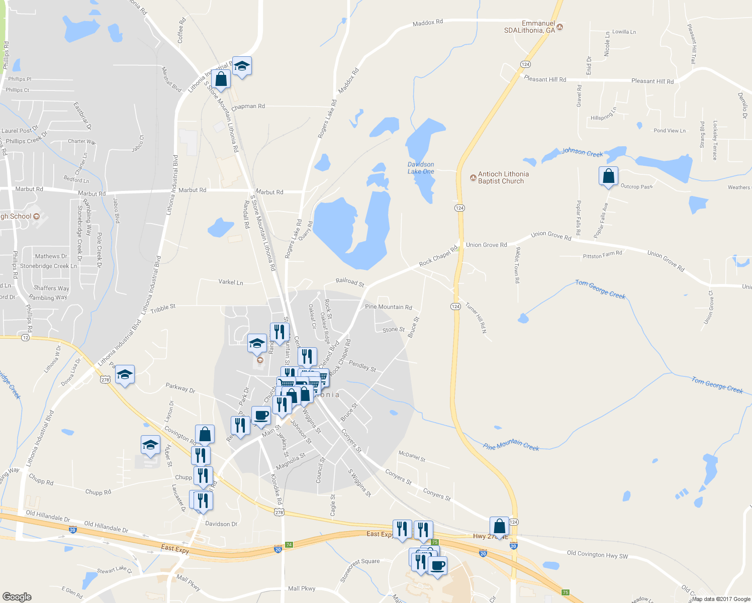 map of restaurants, bars, coffee shops, grocery stores, and more near 2331 Luther Street in Lithonia