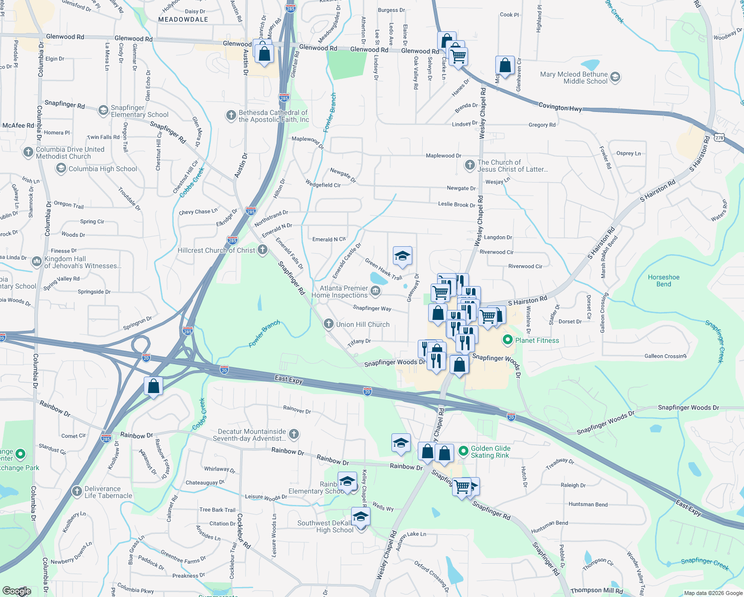 map of restaurants, bars, coffee shops, grocery stores, and more near 4069 Emerald Lake Dr in Decatur