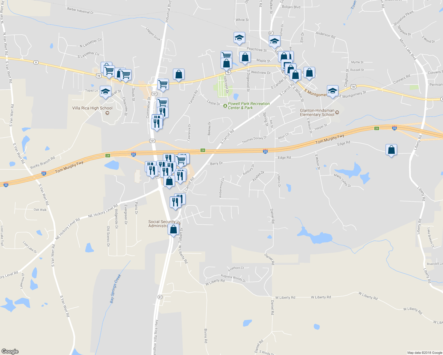 map of restaurants, bars, coffee shops, grocery stores, and more near 426 Ridgewood Drive in Villa Rica