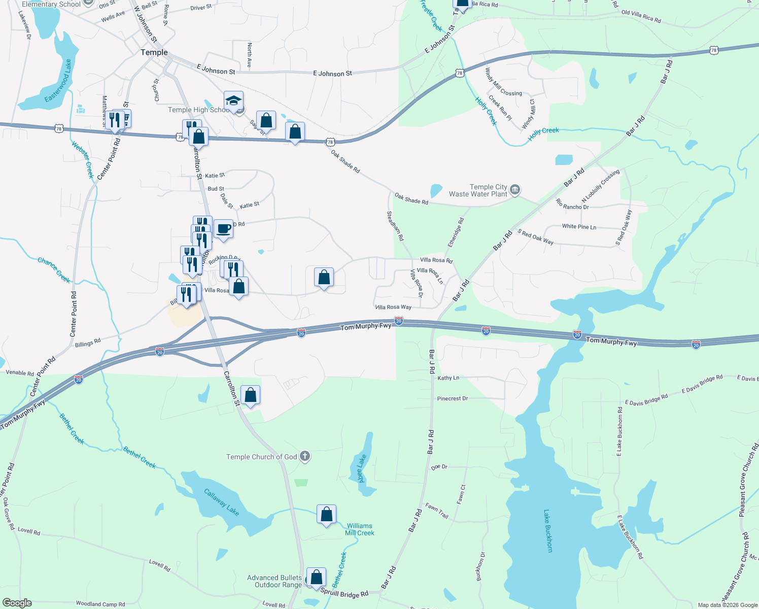 map of restaurants, bars, coffee shops, grocery stores, and more near 212 Villa Rosa Way in Temple