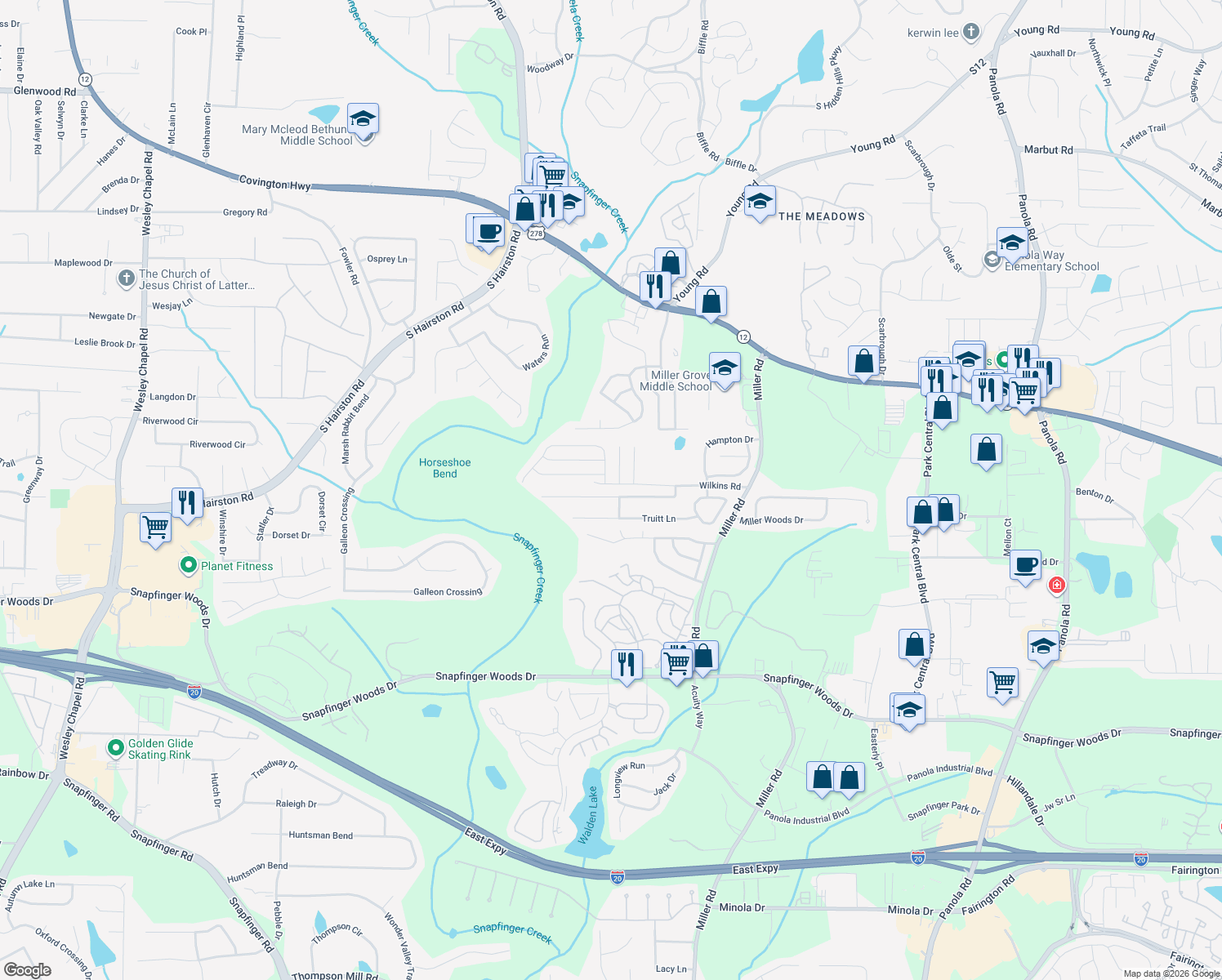 map of restaurants, bars, coffee shops, grocery stores, and more near 4884 Wilkins Station Dr in Decatur
