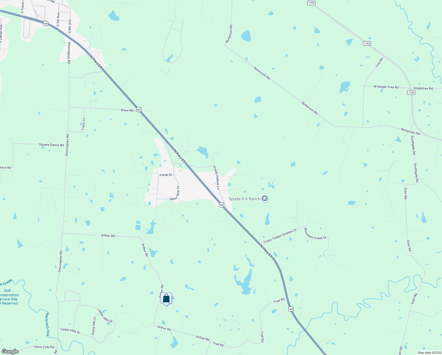 map of restaurants, bars, coffee shops, grocery stores, and more near 334 Frosty Hollow Road in Denison