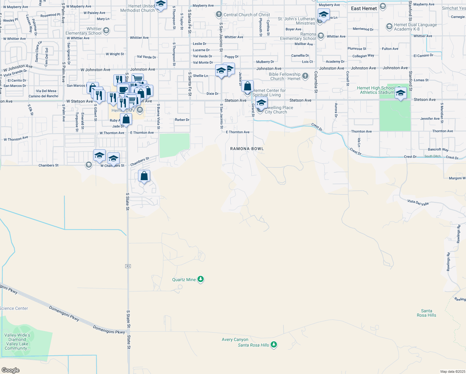 map of restaurants, bars, coffee shops, grocery stores, and more near Pachea Trail in Hemet