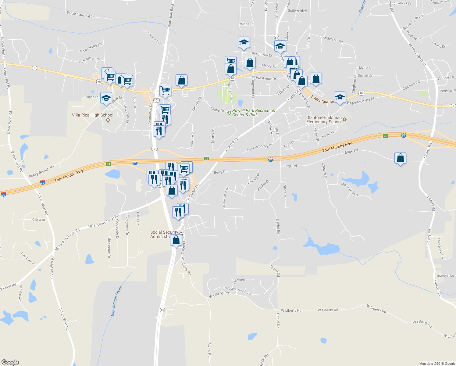 map of restaurants, bars, coffee shops, grocery stores, and more near 600 Amberwood Drive in Villa Rica