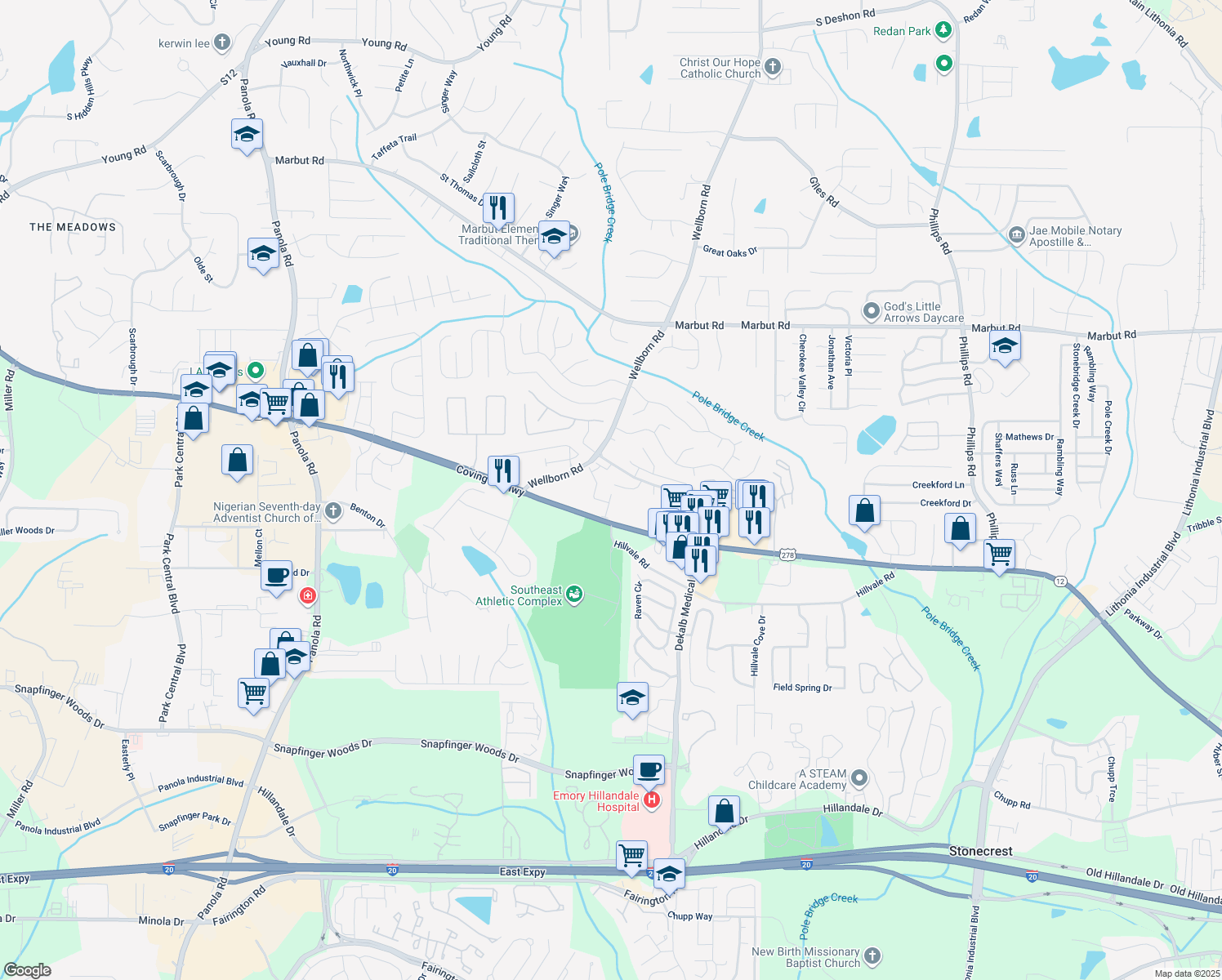 map of restaurants, bars, coffee shops, grocery stores, and more near 3044 Sherbourne Dr in Lithonia