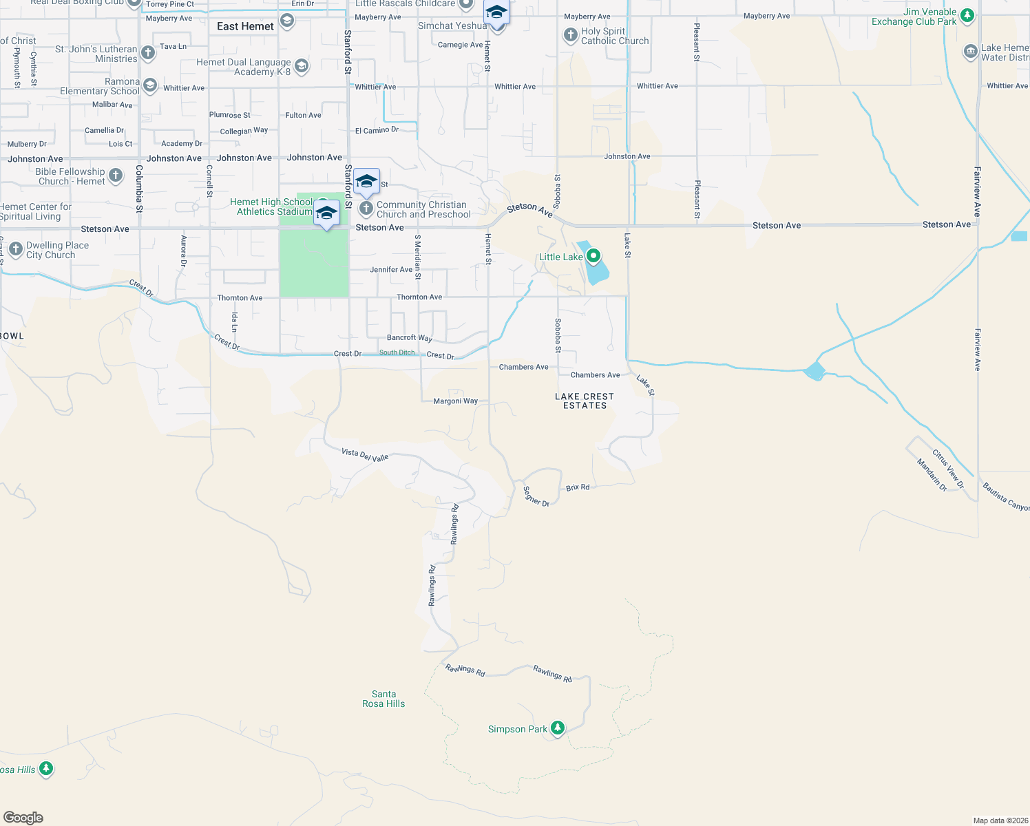 map of restaurants, bars, coffee shops, grocery stores, and more near 42355 Rockview Drive in Hemet