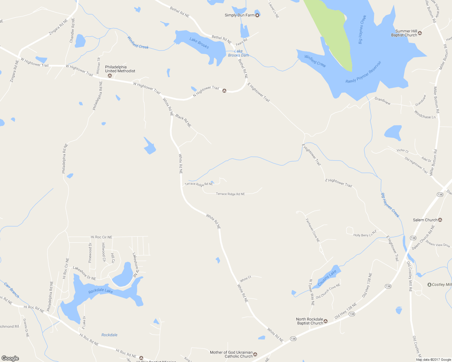 map of restaurants, bars, coffee shops, grocery stores, and more near 2900 Terrace Ridge Road Northeast in Conyers
