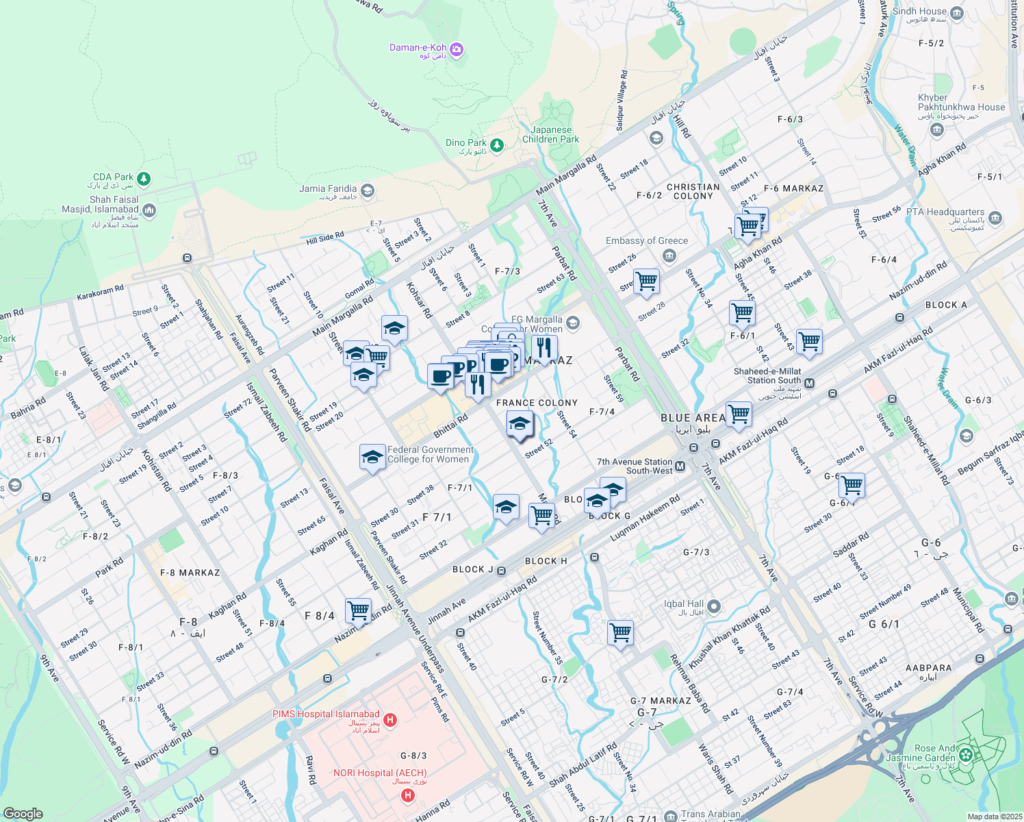 map of restaurants, bars, coffee shops, grocery stores, and more near in Islamabad