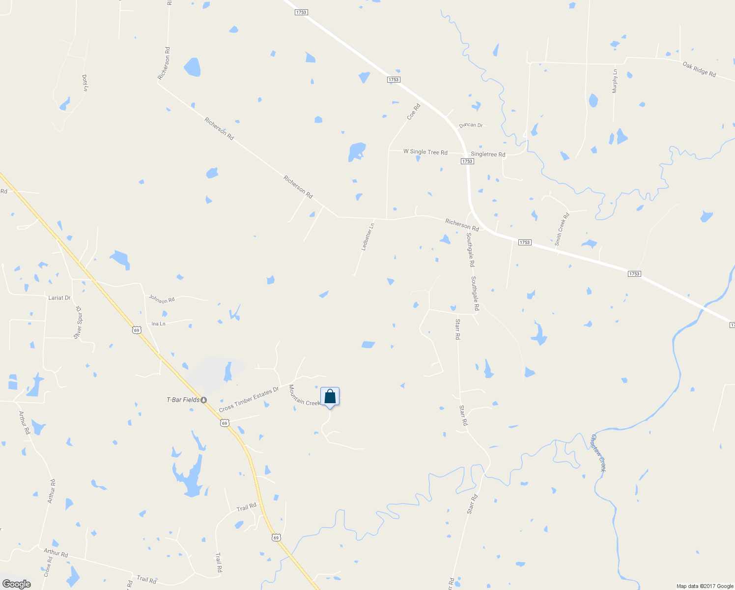 map of restaurants, bars, coffee shops, grocery stores, and more near 334 Ledbetter Lane in Denison