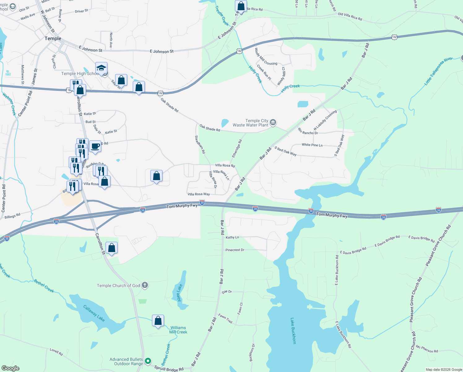 map of restaurants, bars, coffee shops, grocery stores, and more near 403 Villa Rosa Way in Temple