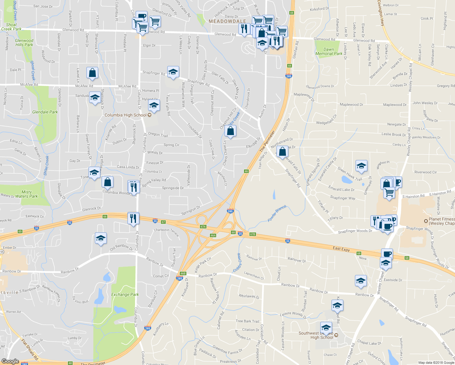 map of restaurants, bars, coffee shops, grocery stores, and more near 2330 Maryland Court in Decatur