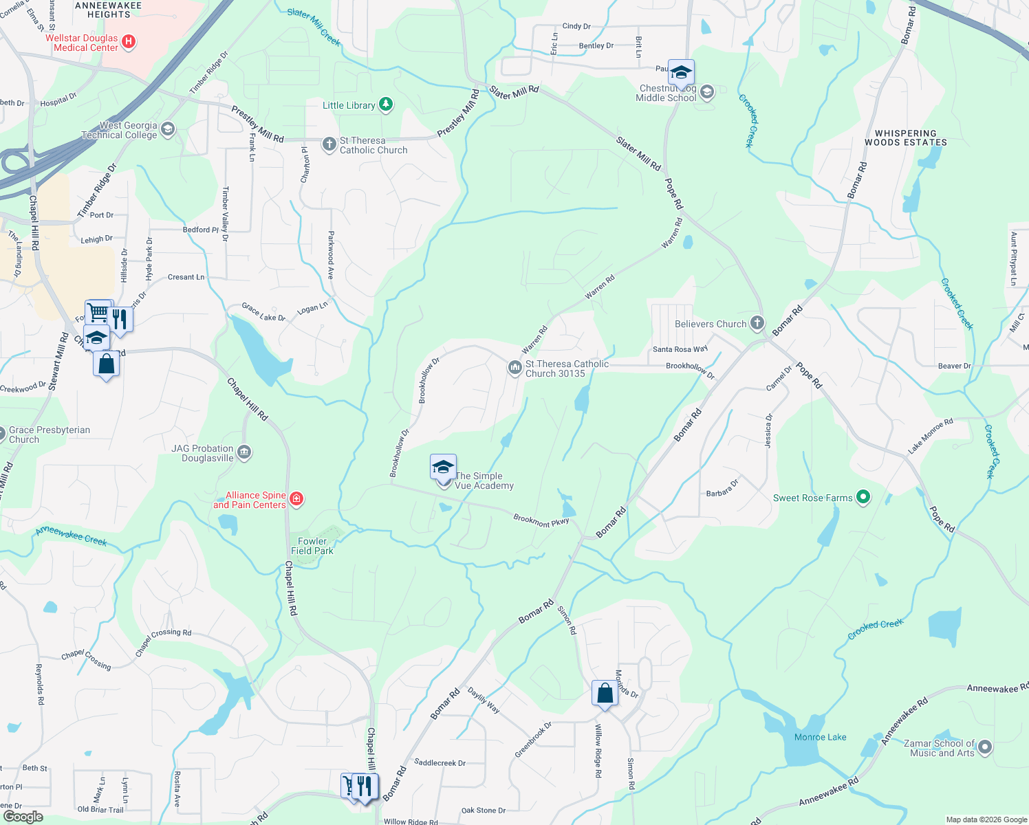 map of restaurants, bars, coffee shops, grocery stores, and more near 3111 Bonita Springs Court in Douglasville