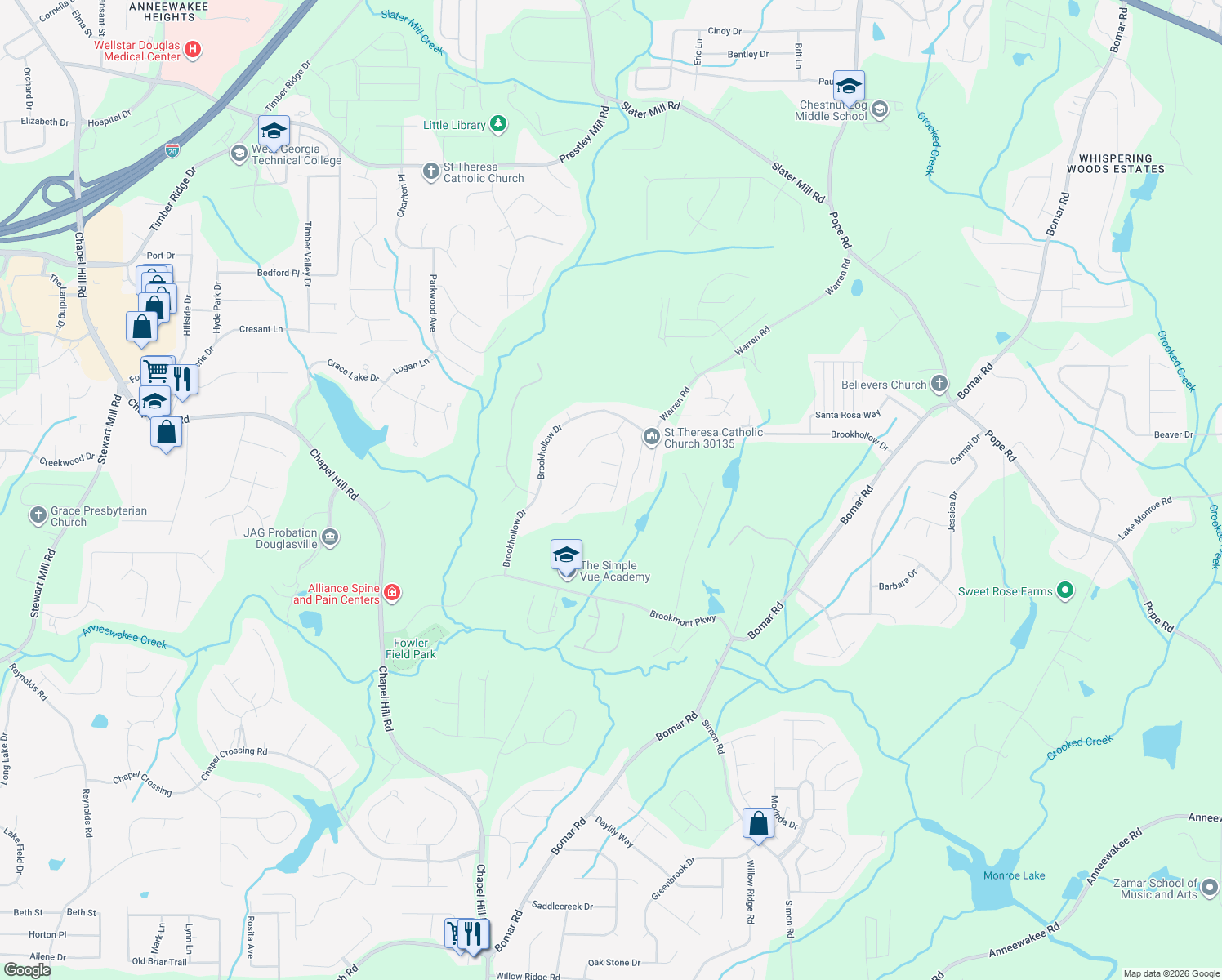 map of restaurants, bars, coffee shops, grocery stores, and more near 5261 Clingman Court in Douglasville