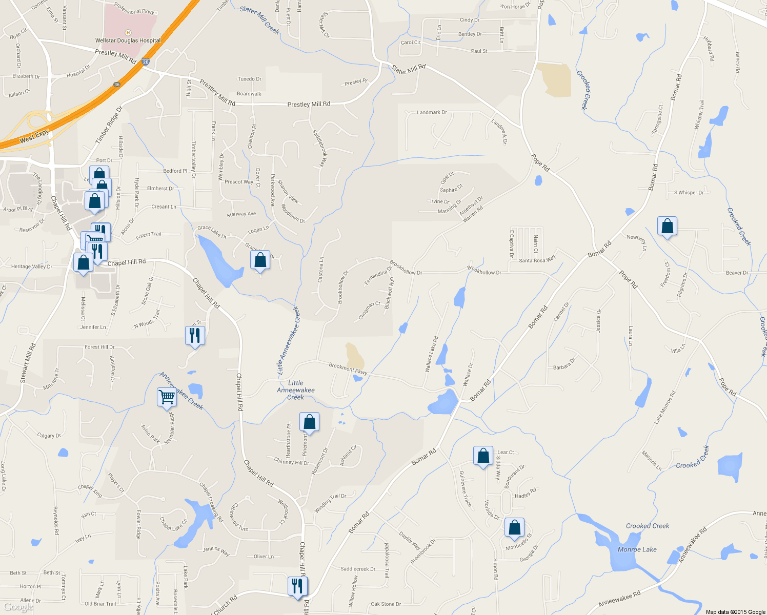 map of restaurants, bars, coffee shops, grocery stores, and more near 5261 Clingman Ct in Douglasville