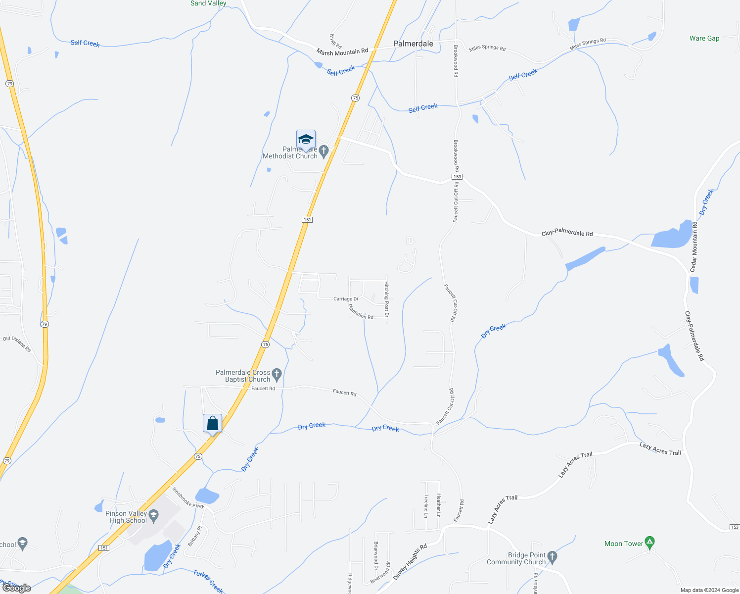 map of restaurants, bars, coffee shops, grocery stores, and more near 7440 Carriage Way in Pinson