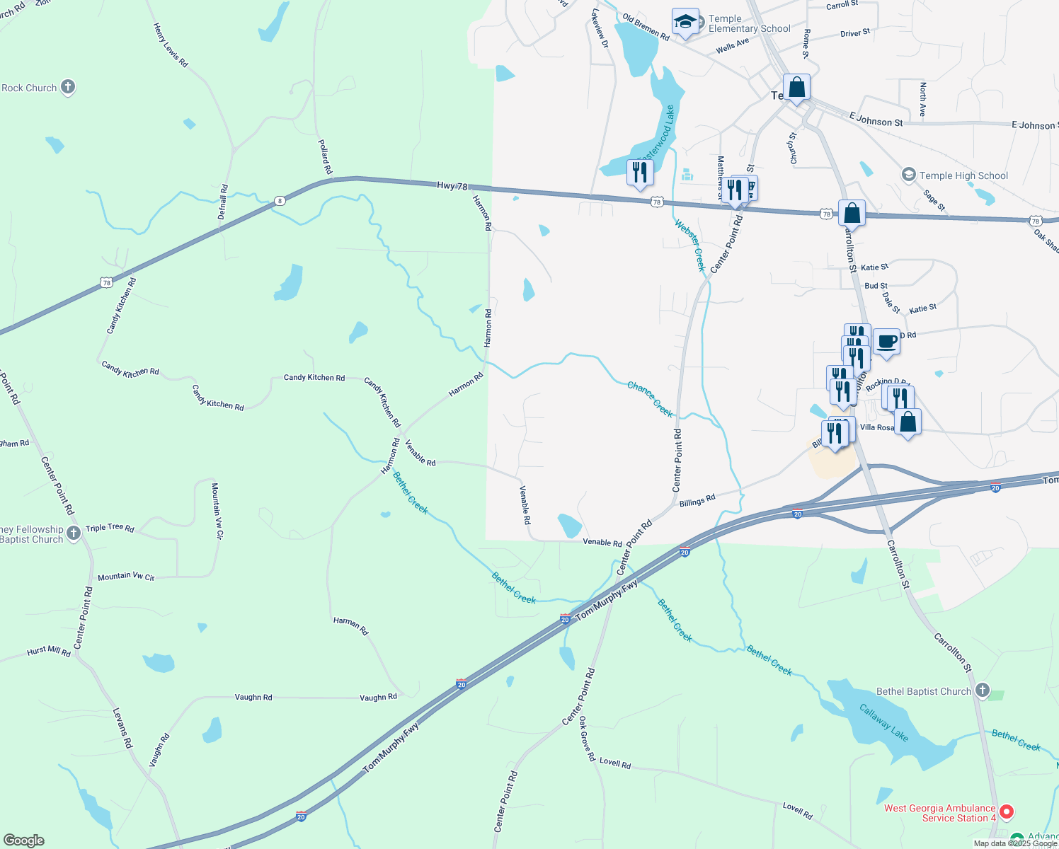 map of restaurants, bars, coffee shops, grocery stores, and more near 501 Grace Ct in Temple