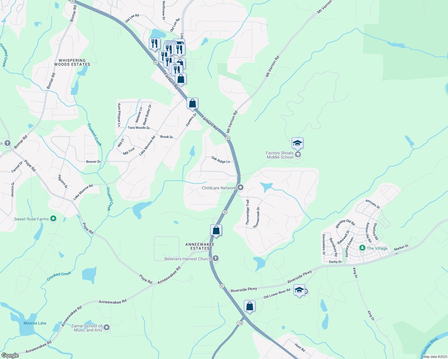 map of restaurants, bars, coffee shops, grocery stores, and more near Mountain Brook Court in Douglasville
