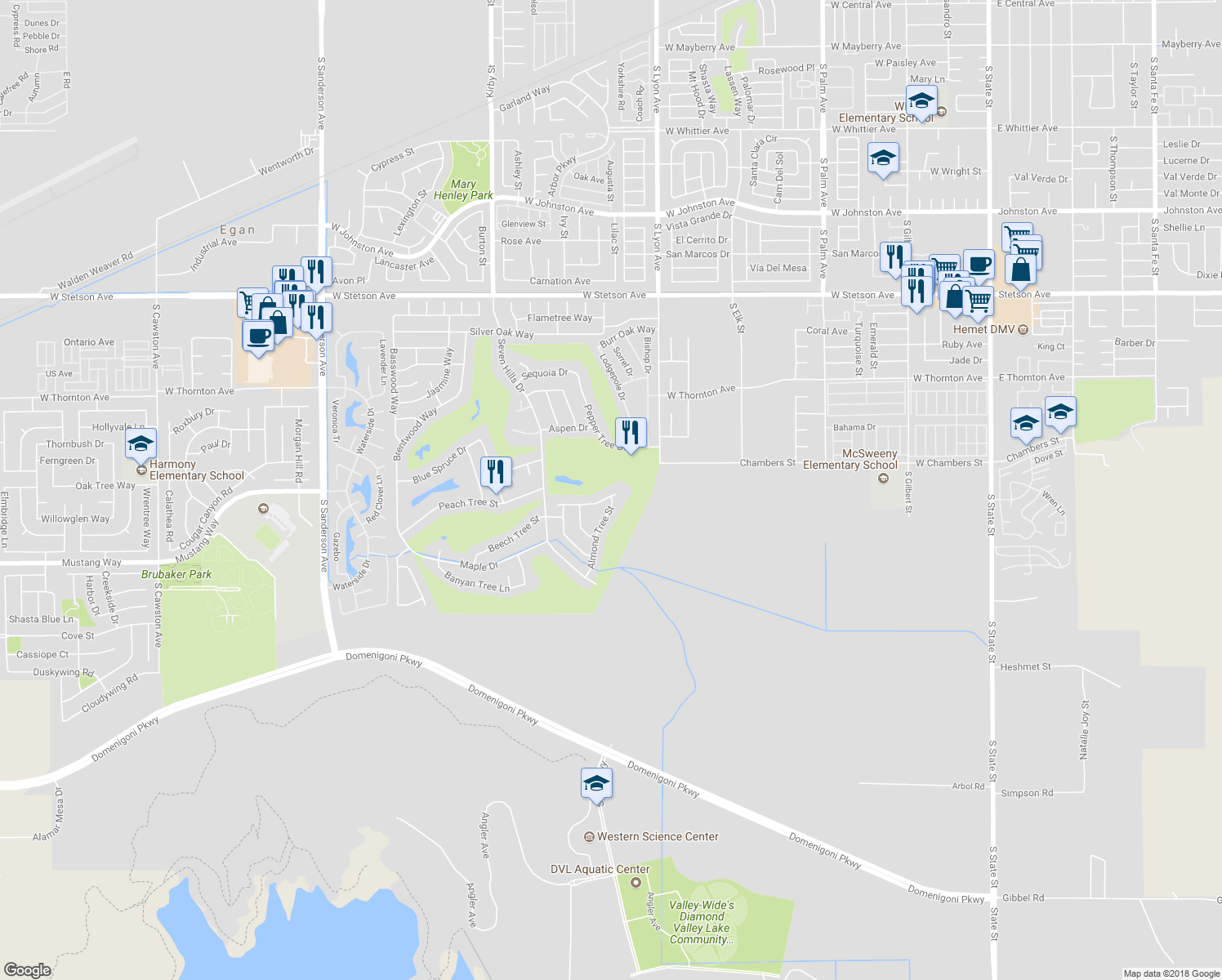 map of restaurants, bars, coffee shops, grocery stores, and more near 1932 Pecan Tree Street in Hemet