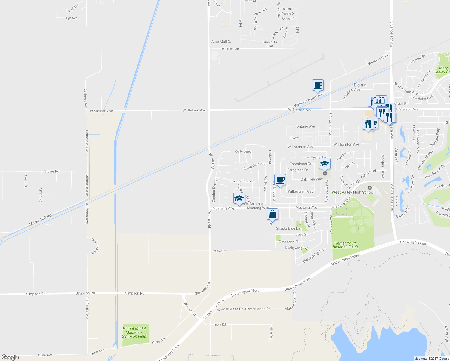 map of restaurants, bars, coffee shops, grocery stores, and more near 5587 Paseo Famosa in Hemet