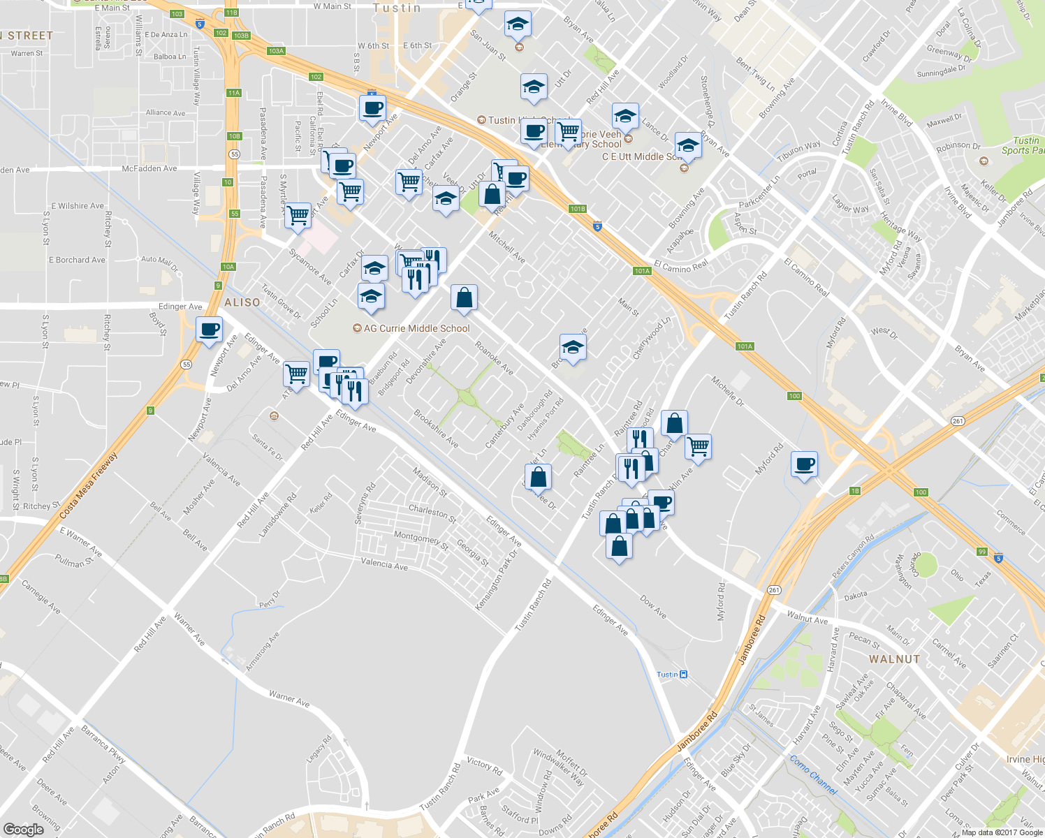 map of restaurants, bars, coffee shops, grocery stores, and more near 14661 Danborough Road in Tustin