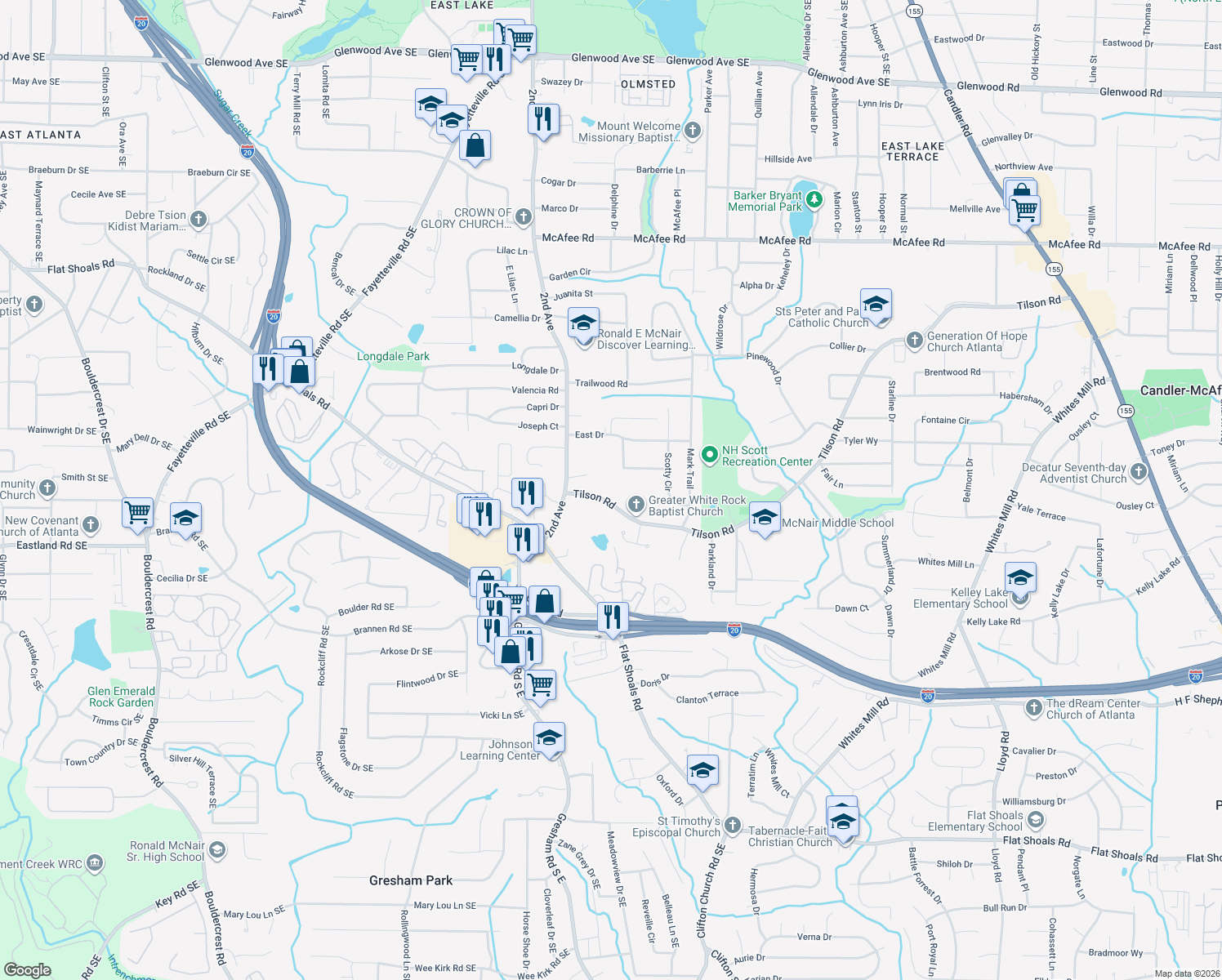map of restaurants, bars, coffee shops, grocery stores, and more near 2066 Tilson Rd in Decatur